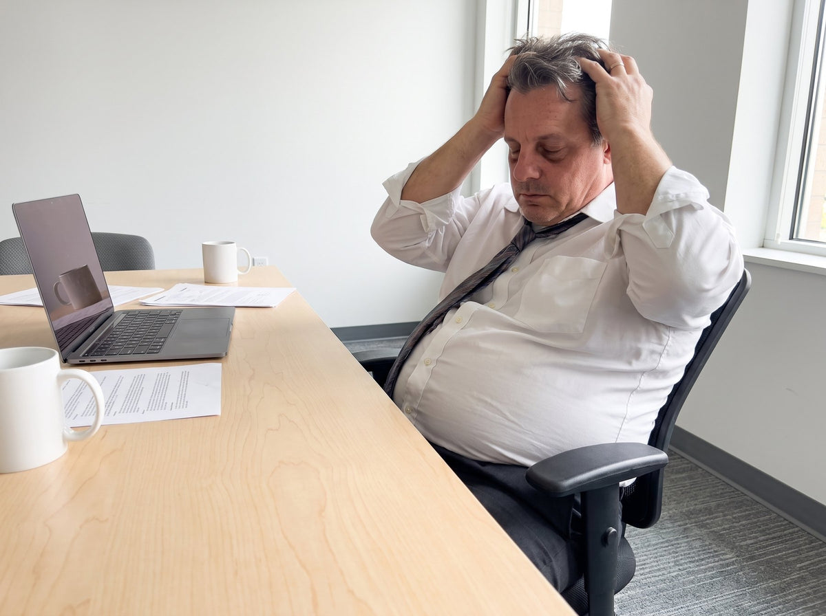Marc exhausted at his desk Image