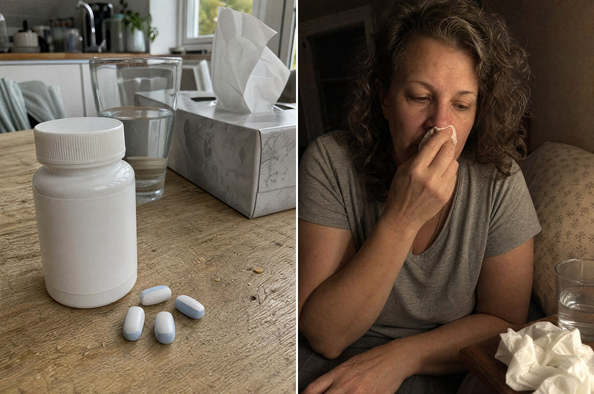 Cough tablets and tissues on a table, and a woman blowing her nose at night Image