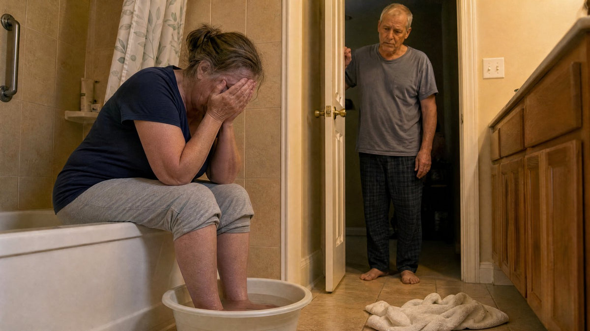 Woman looking at her toenails in a bathroom at night Image