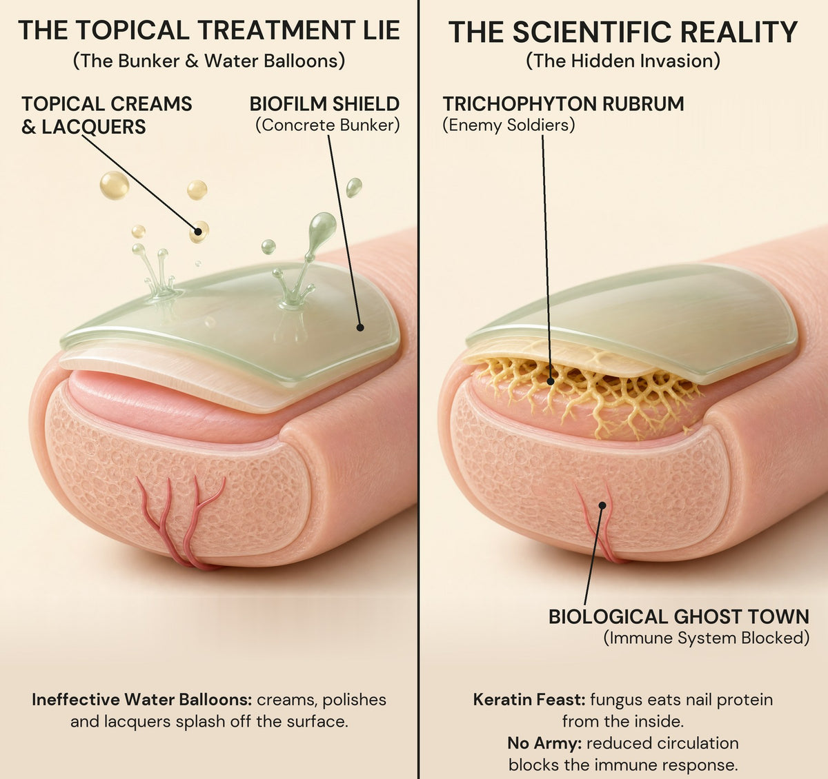 The topical treatment lie versus the scientific reality, annotated diagram Image