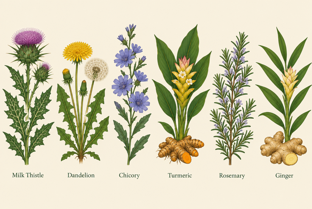 Milk thistle, dandelion, chicory, turmeric, rosemary, ginger Image