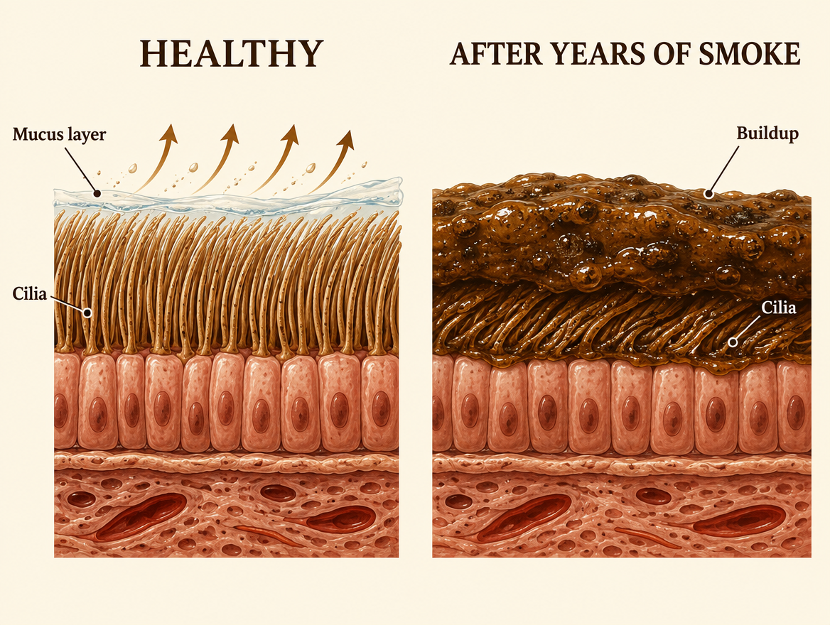 Healthy cilia vs cilia buried after years of smoke Image