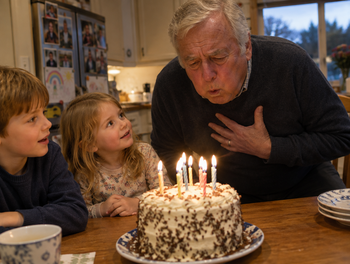 Grandfather out of breath blowing out birthday candles Image