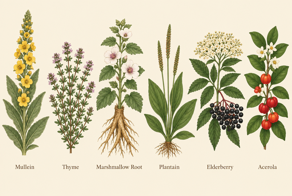 Mullein, thyme, marshmallow root, plantain, elderberry, acerola Image