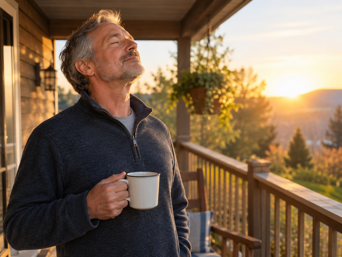 Man taking a deep breath on his porch at sunrise Image