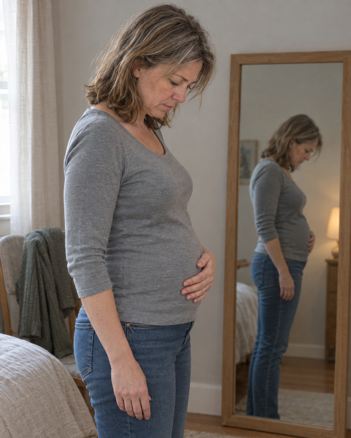 Woman in profile in her bedroom, hand on her bloated belly, her reflection in a full-length mirror Image