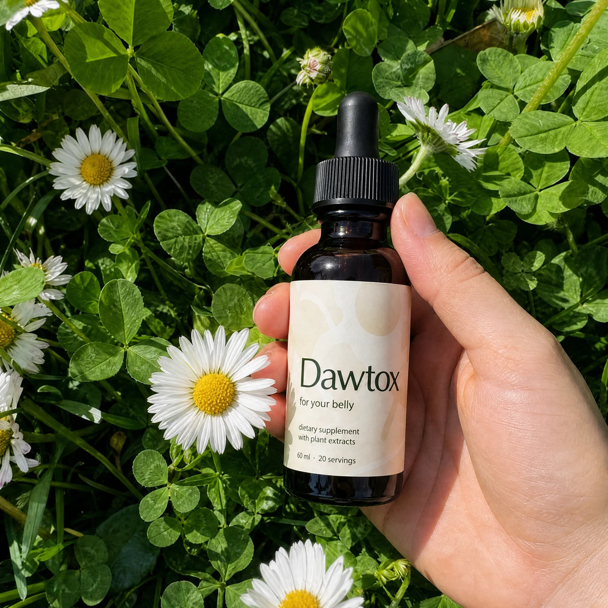 A hand holding a Dawtox bottle over daisies and clover in sunlight Image