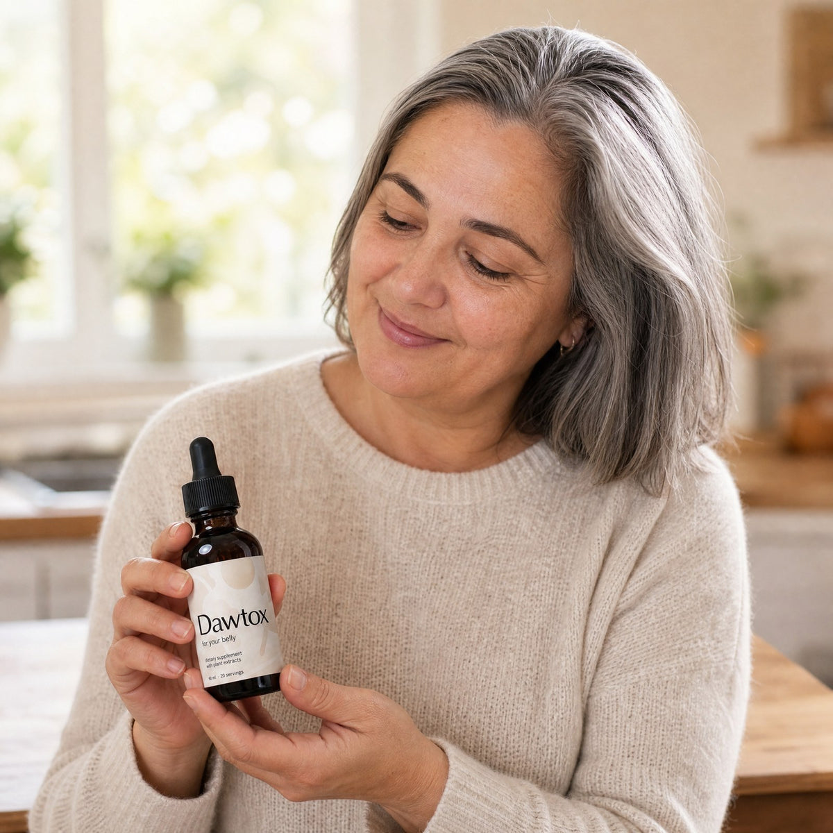 Woman holding a bottle of Dawtox at home, smiling Image